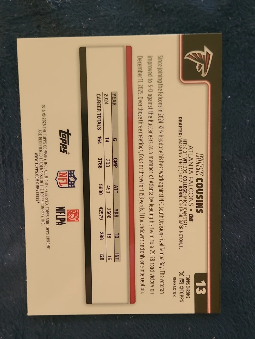 Topps Chrome Kirk Cousins Falcons Football Card - 2025 Topps Chrome Refractor - Picture 2 of 2